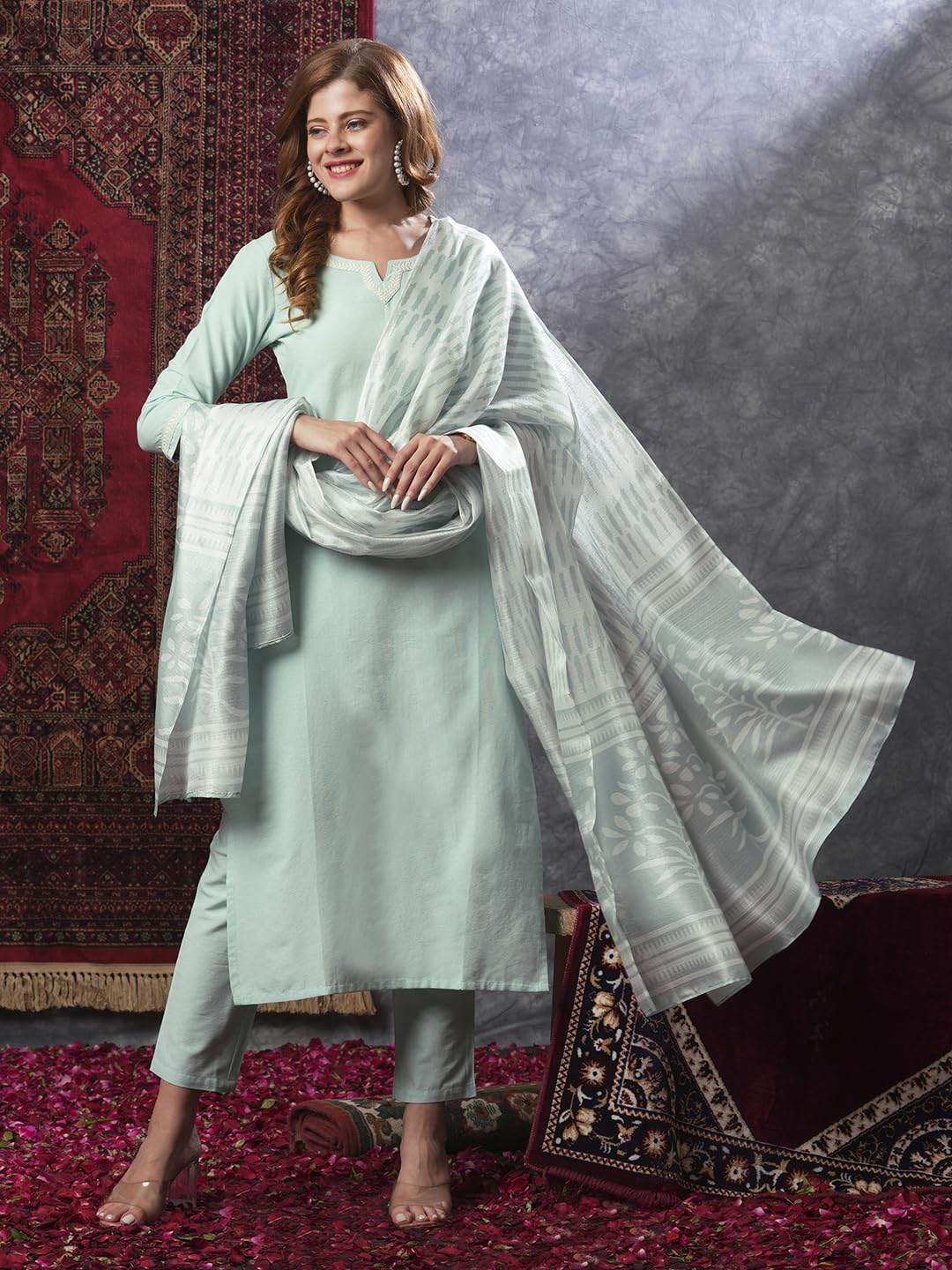 ANNI DESIGNER Women s Kurta Rayon Blend Pants with Dupatta, See Green, Small