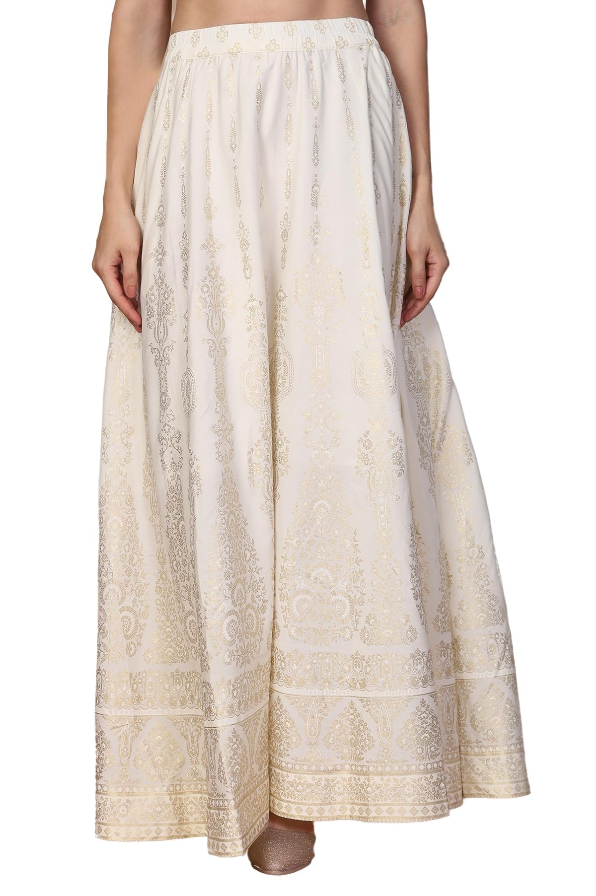 Aurelia Womens White Ethnic Gold Print Flared American Crepe Skirt - (A60390-509945-XL)