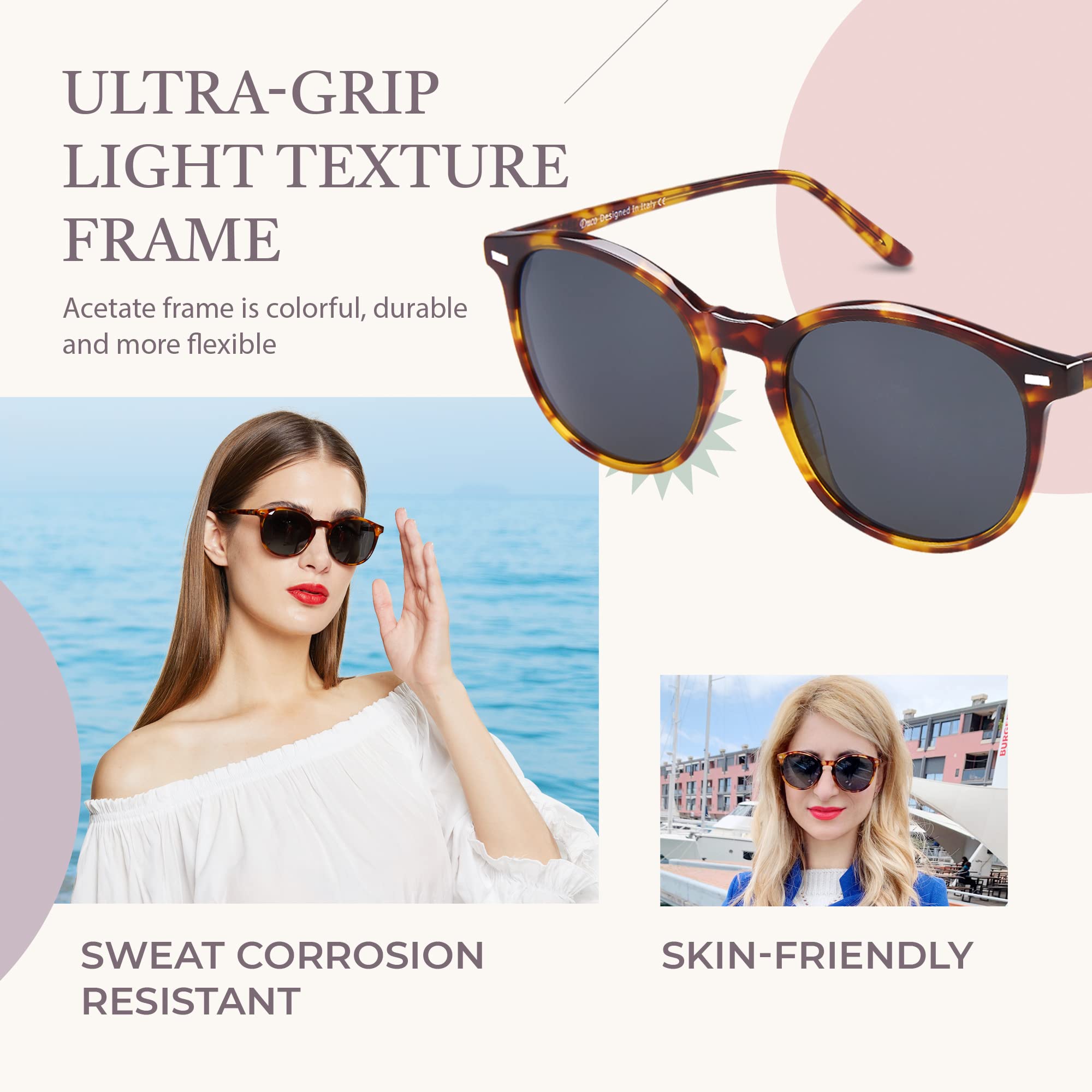 DUCO Retro Round UV400 Polarized Sunglasses for Women Men Vintage Shades Classic Acetate Trendy Fashion Sunglass DC1230