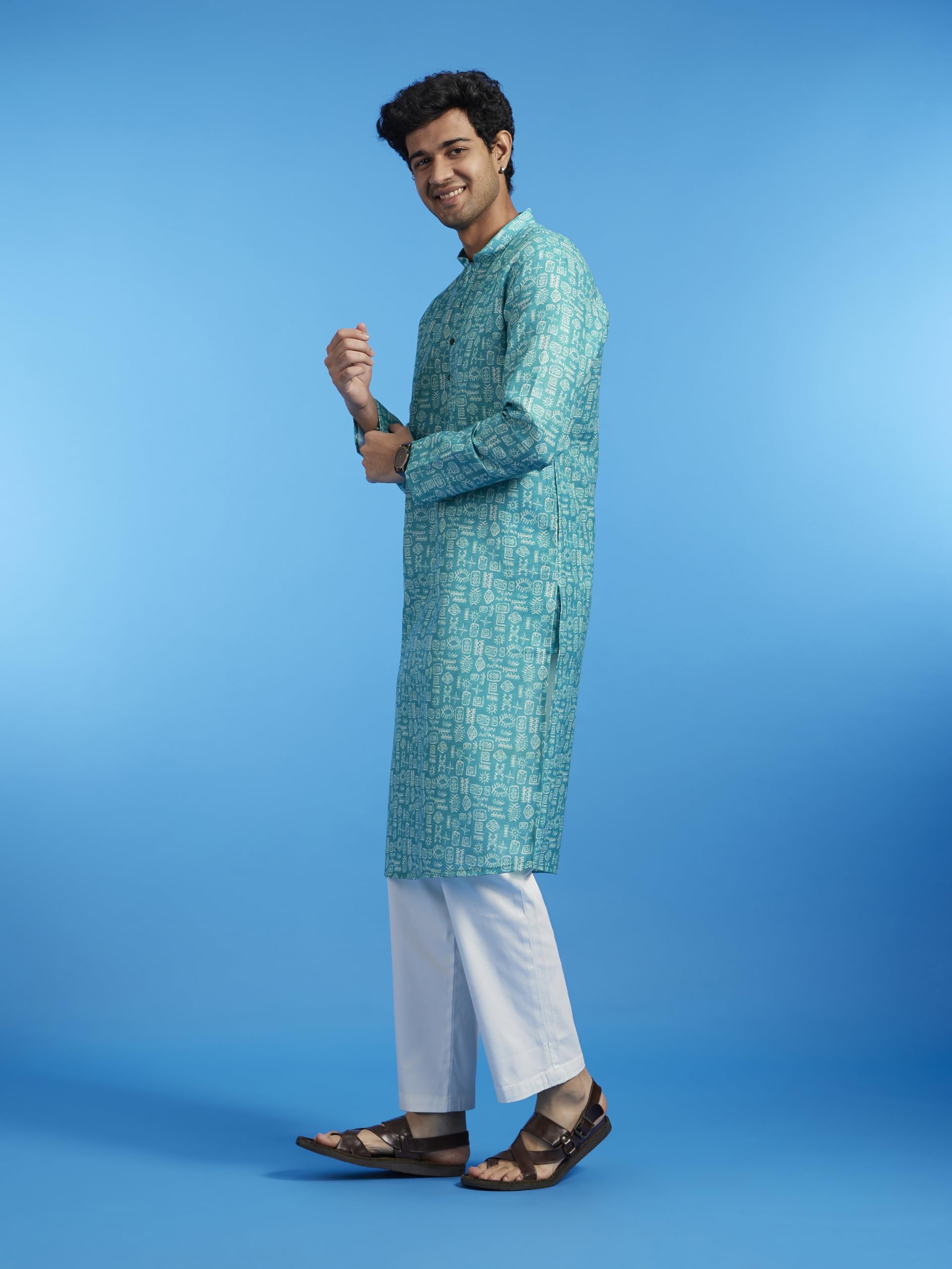 Diwas By Manyavar MenS Cotton Blend Printed Kurta (Blue,S)