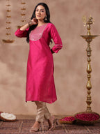 Anubhutee Women'S Fuchsia Yoke Design Zari Work Silk Blend Straight Kurta