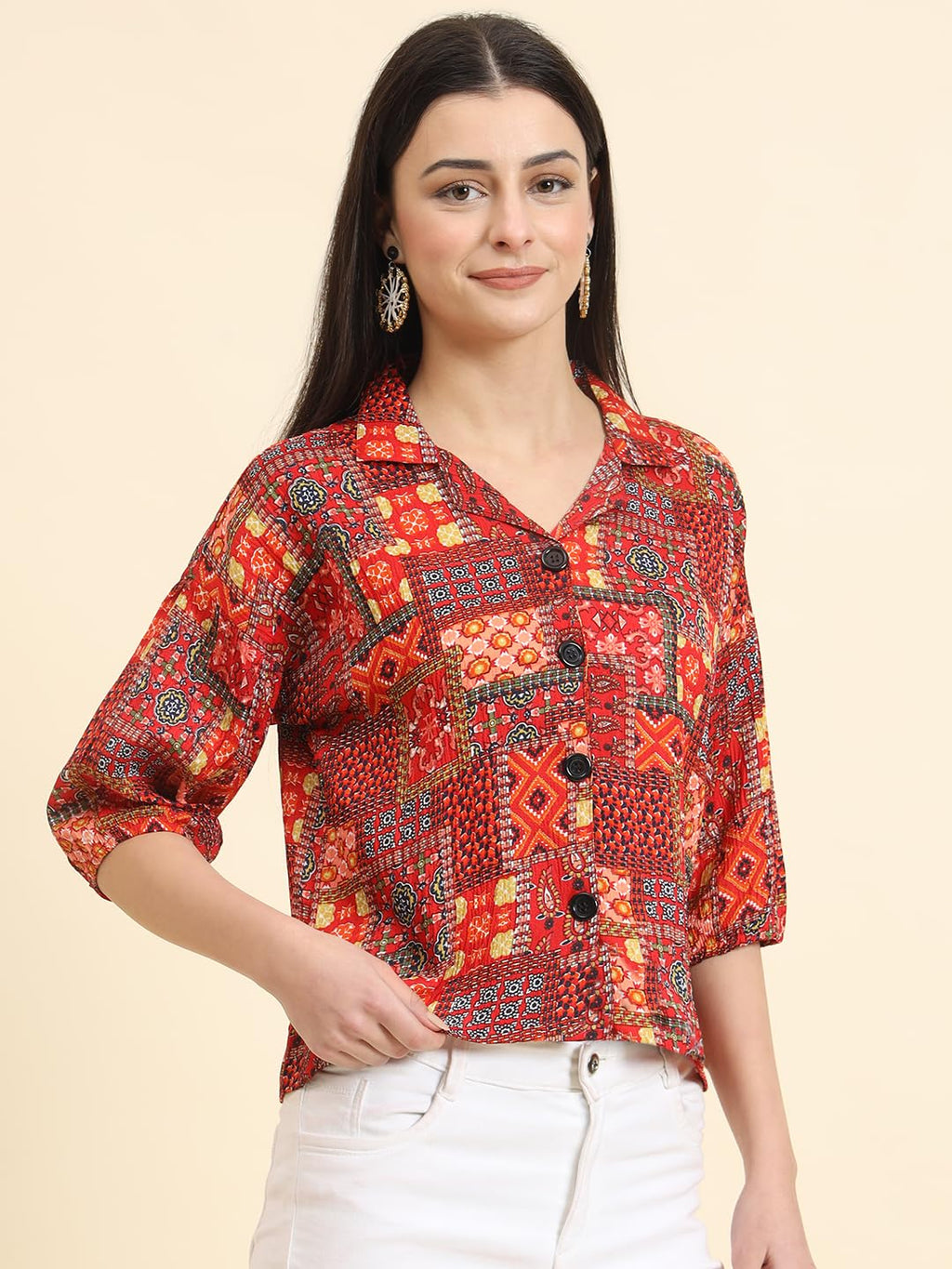 Vairagee Women Cotton Blend Red Striped Pattern V-Collar Three Quarter Sleeves Stylish Boxy Shirt (1730_2)