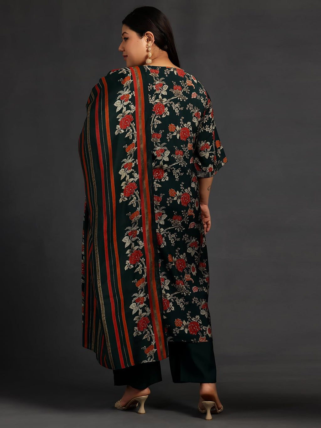 Extra Love By Libas Plus Size Womens Printed Silk Blend Straight Kurta With Palazzos And Dupatta