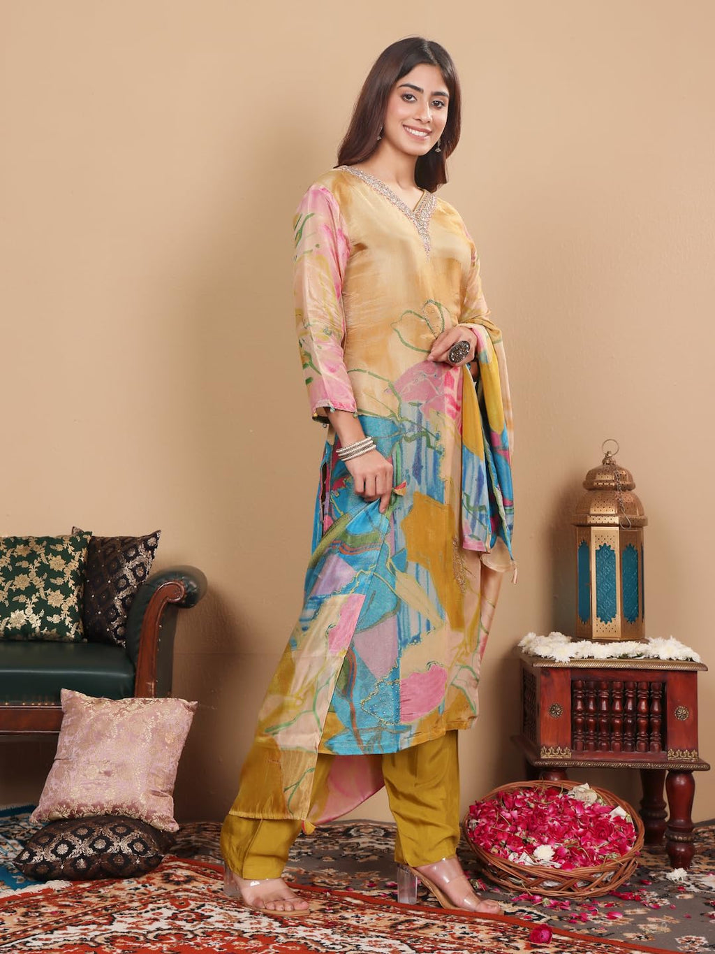 Varanga Women Mustard Pure Silk Gold Shimmer Floral Printed And Stones Embellishment Straight Kurta With Trousers And Dupatta