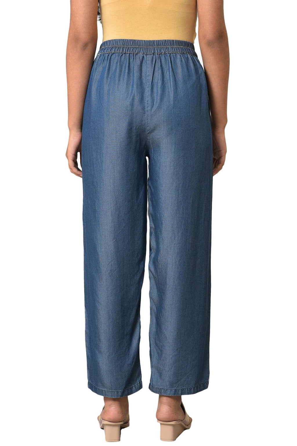 Aurelia Blue Solid Lyocell Parallel Trousers for Womens Ethnic Bottomwear