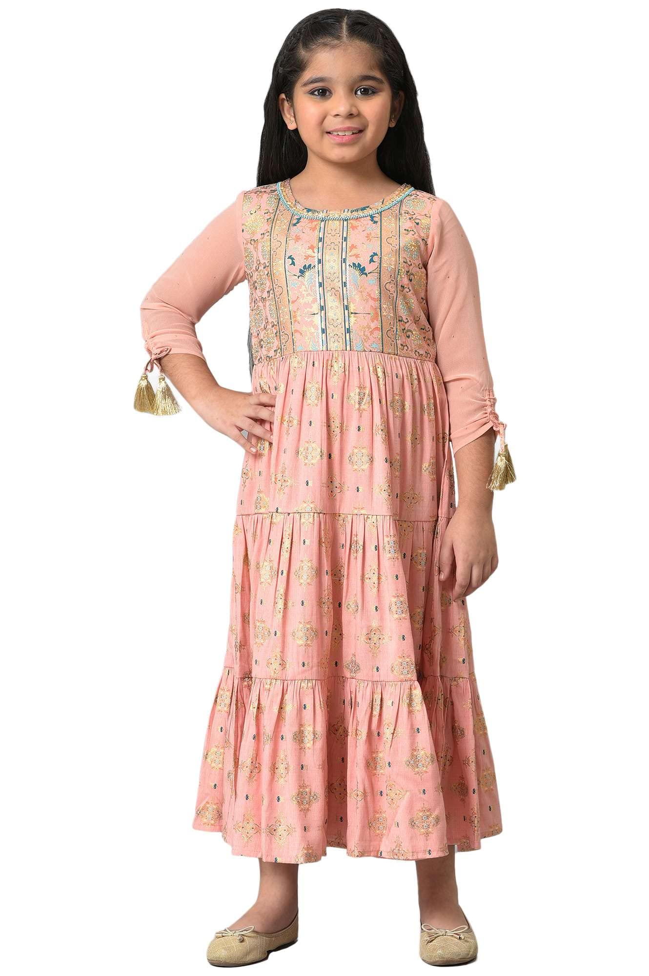 Aurelia Girls Polyester Fit and Flare Knee-Length Casual Dress (22AUG10252A-506130_Peach
