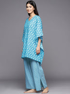 Libas Womens Printed Cotton Night Suit Set For Women Turquoise Blue