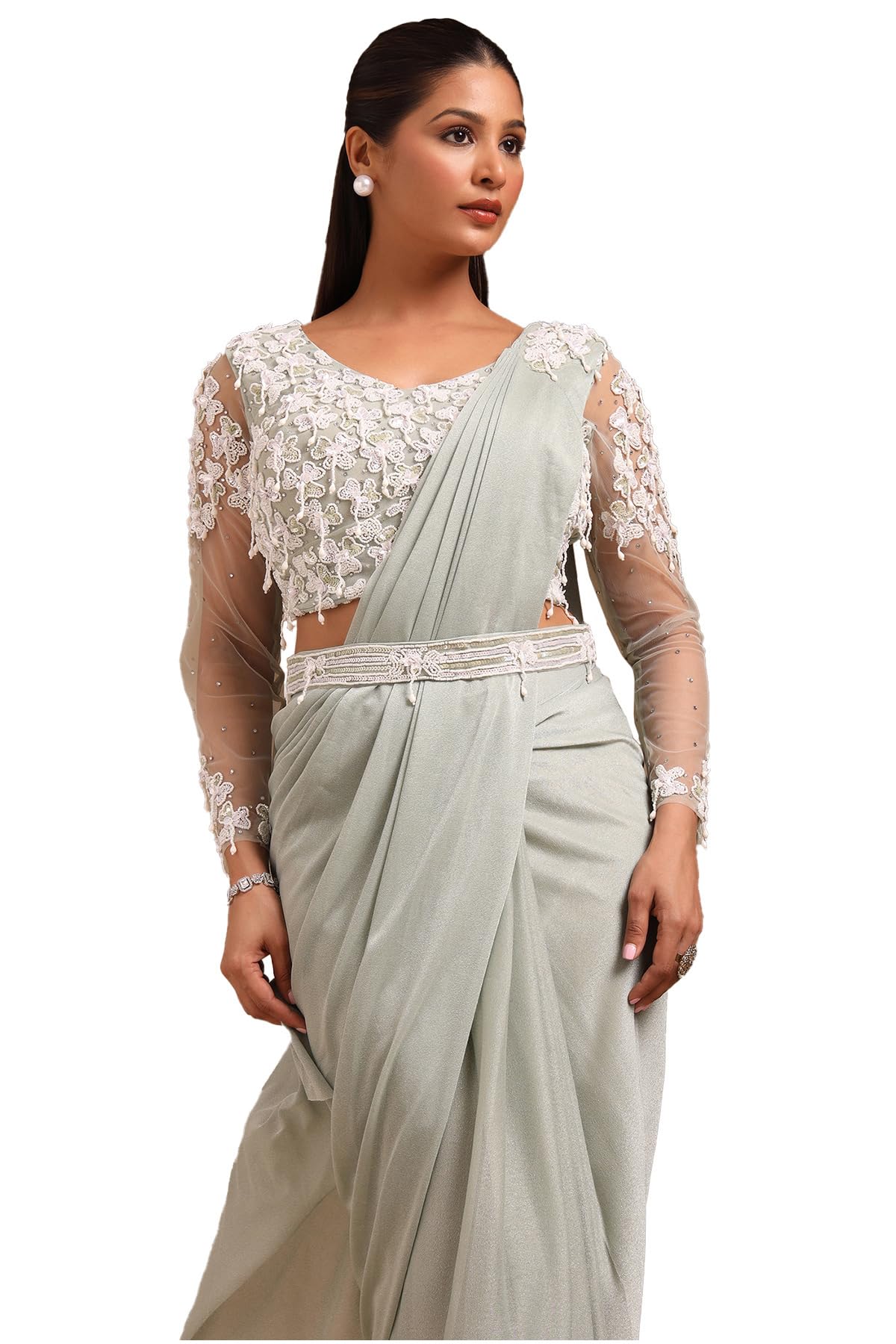 Soch Women Nylon Blend Solid Ready-to-Wear Saree with Beads
