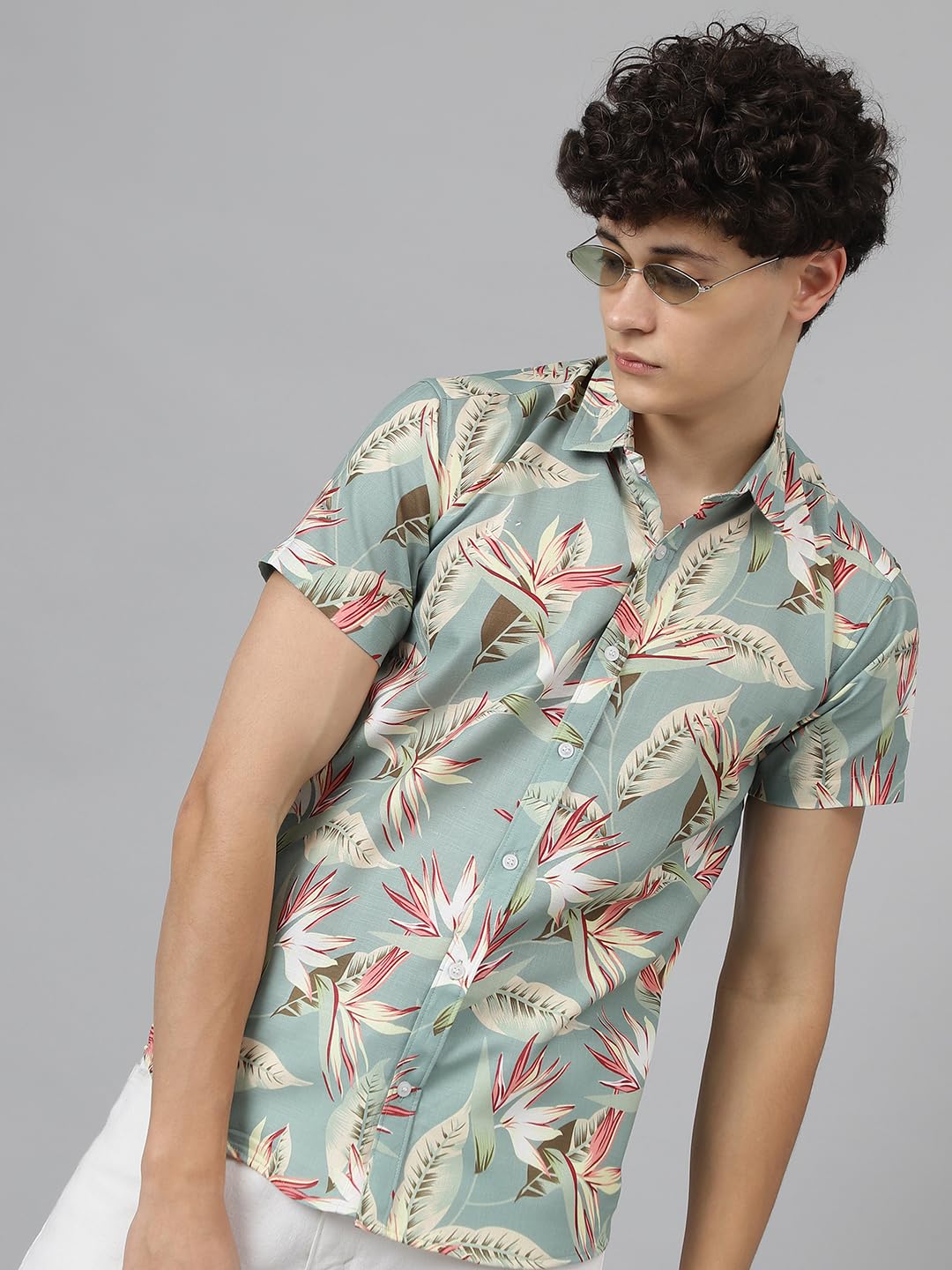 Lookmark MenS Trendy Cotton Blend Spread Collar Half Sleeve Printed Shirt ||Green Coloured Shirt For Men ||Az-Lm-P1-Printed Shi