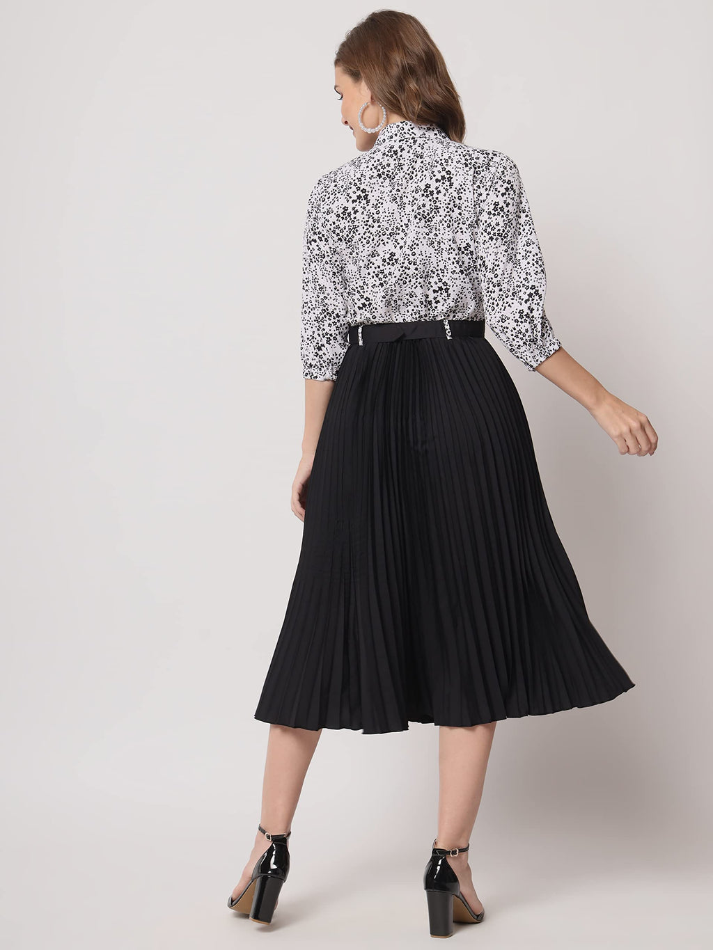 Kzully WomenS Print 3/4 Sleeve Pleated Midi Dress With Belt Black