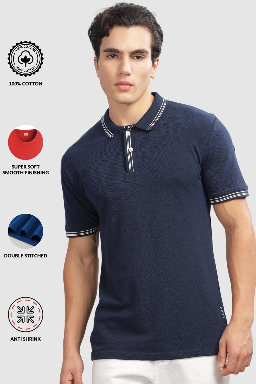 ADRO Polo T Shirt for Men | Navy Polo T-Shirt | 100% Cotton Polo Tshirt | Regular Fit Polo| Available in Plus Size Polo|PN24-ST-