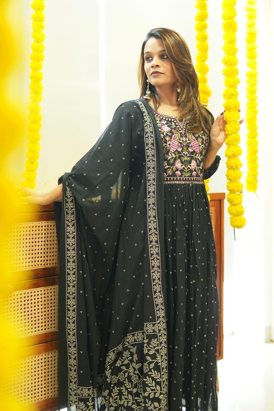 ANNI DESIGNER Womens Rayon Viscose Printed Anarkali Kurta with Pant & Dupatta (Kanota Black-VKS01_XL_Green_X-Large)