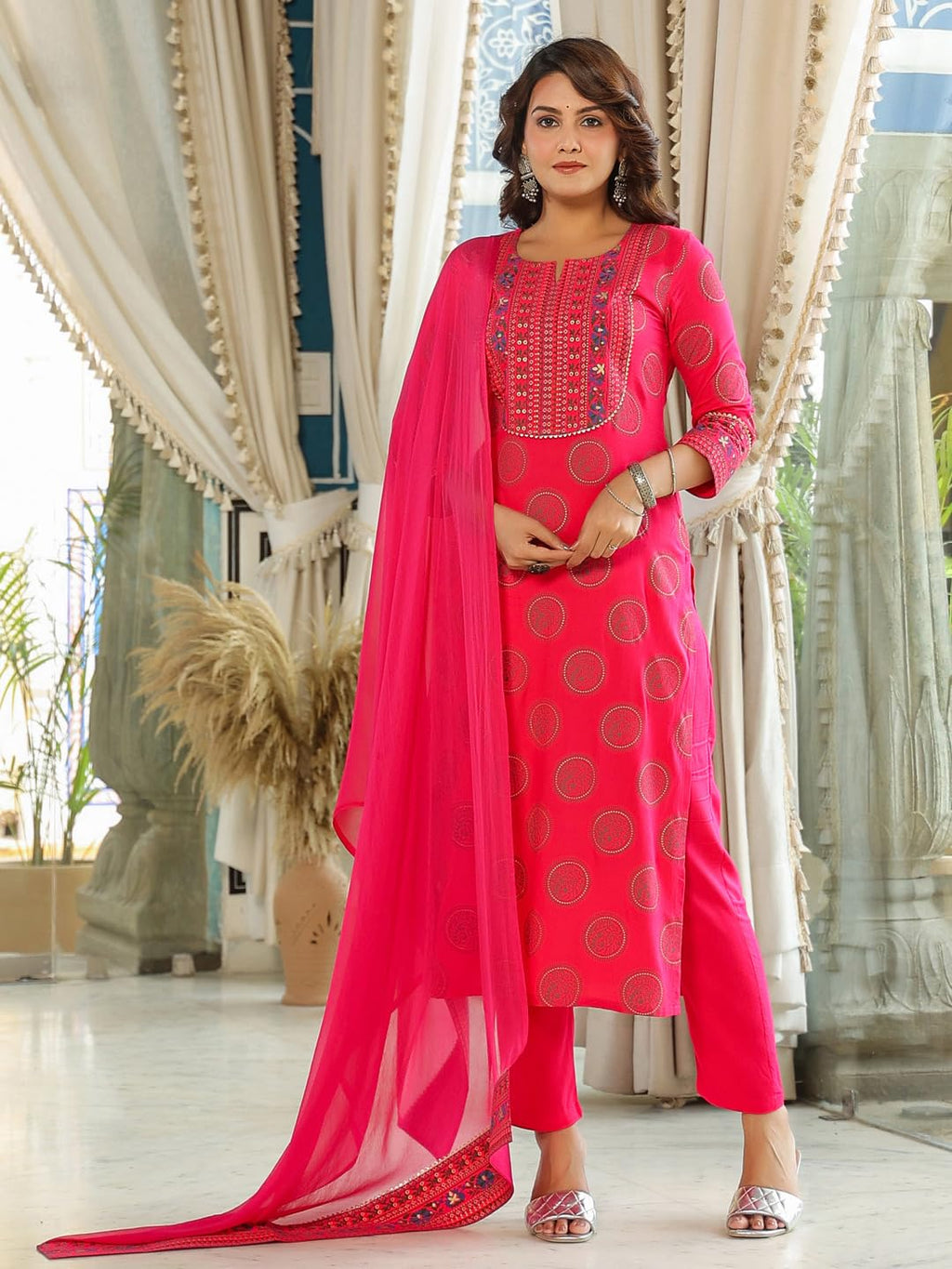 ANNI DESIGNER Ladies Cotton Blend Kurta with Trousers and Dupatta, pink, M