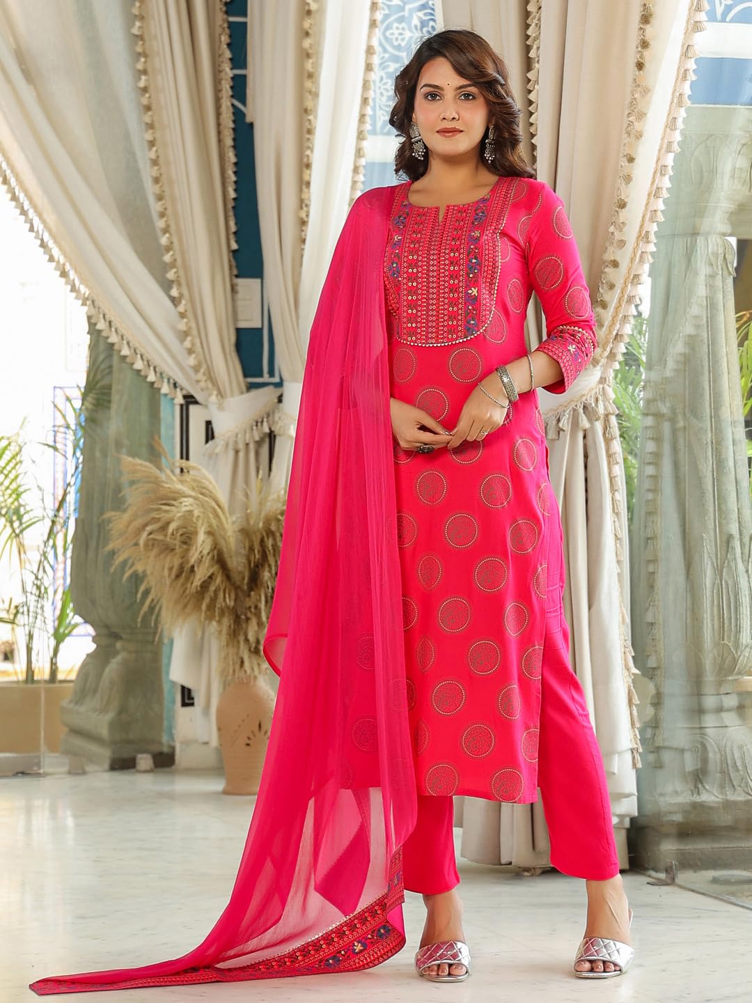 ANNI DESIGNER Ladies Cotton Blend Kurta with Trousers and Dupatta, pink, M
