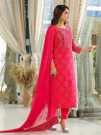 ANNI DESIGNER Ladies Cotton Blend Kurta with Trousers and Dupatta, pink, M