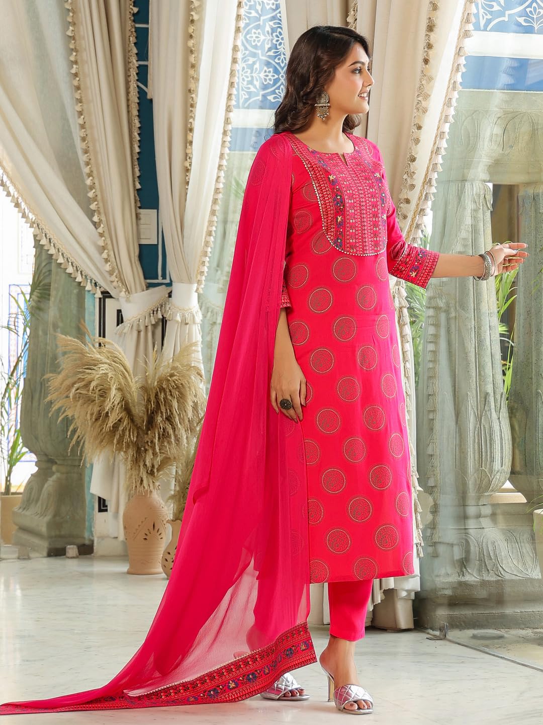 ANNI DESIGNER Ladies Cotton Blend Kurta with Trousers and Dupatta, pink, M