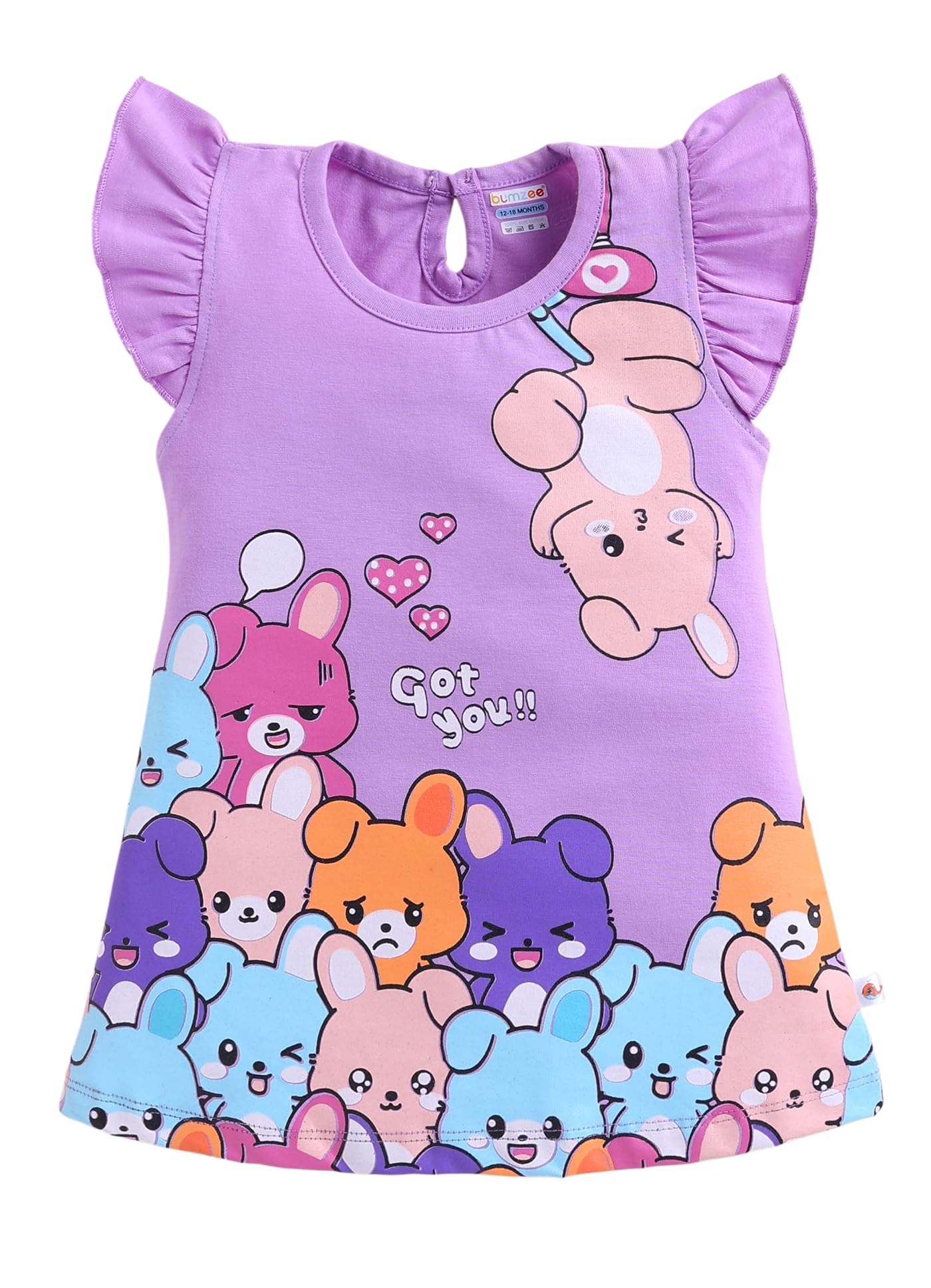 BUMZEE Girls Cotton Cap Sleeves Animal Print Above Knee Length Frock/Dress Lavender - 2-3 Years (Peb11494F-lvd)
