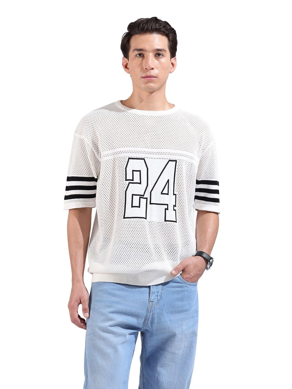 The Indian Garage Co Mens Oversized Textured Flatknit Half Sleeves Crew Neck Sweater