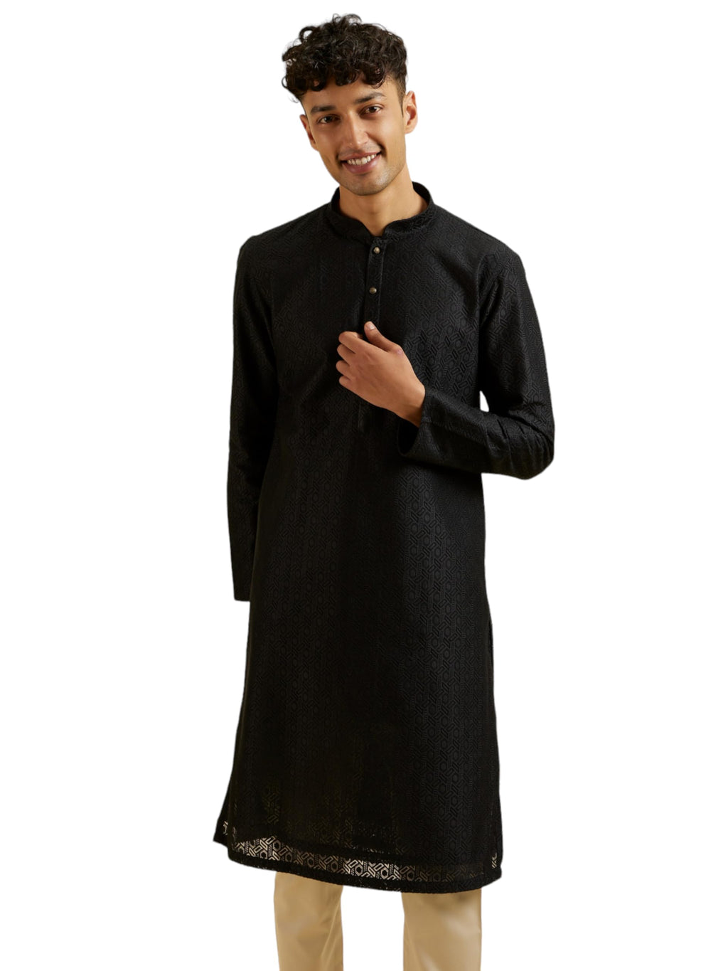 Manyavar Mens Art Silk Jacquard|Cutwork Kurta Pyjama Set (Black,XXL)