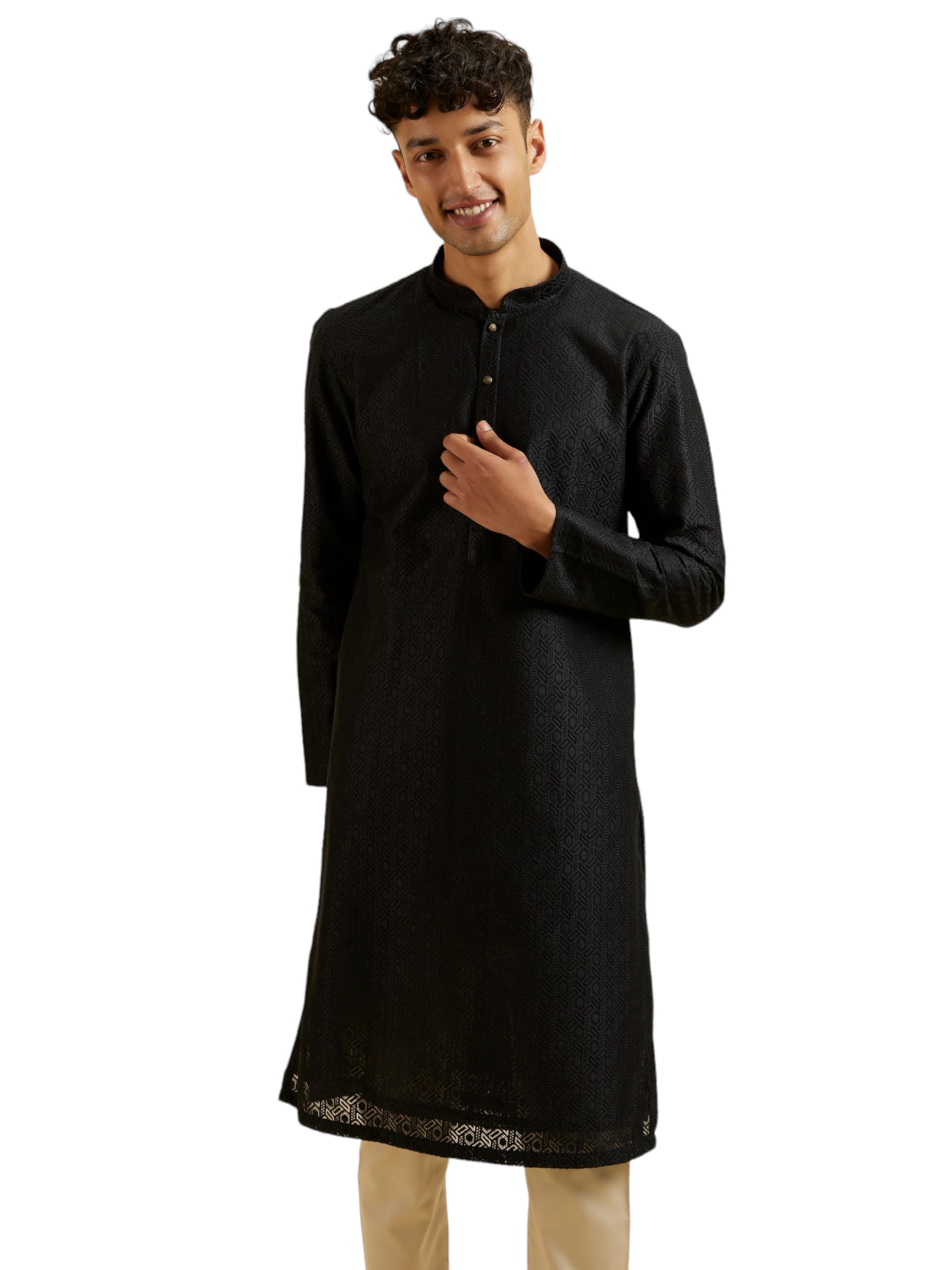 Manyavar Mens Art Silk Jacquard|Cutwork Kurta Pyjama Set (Black,XXL)