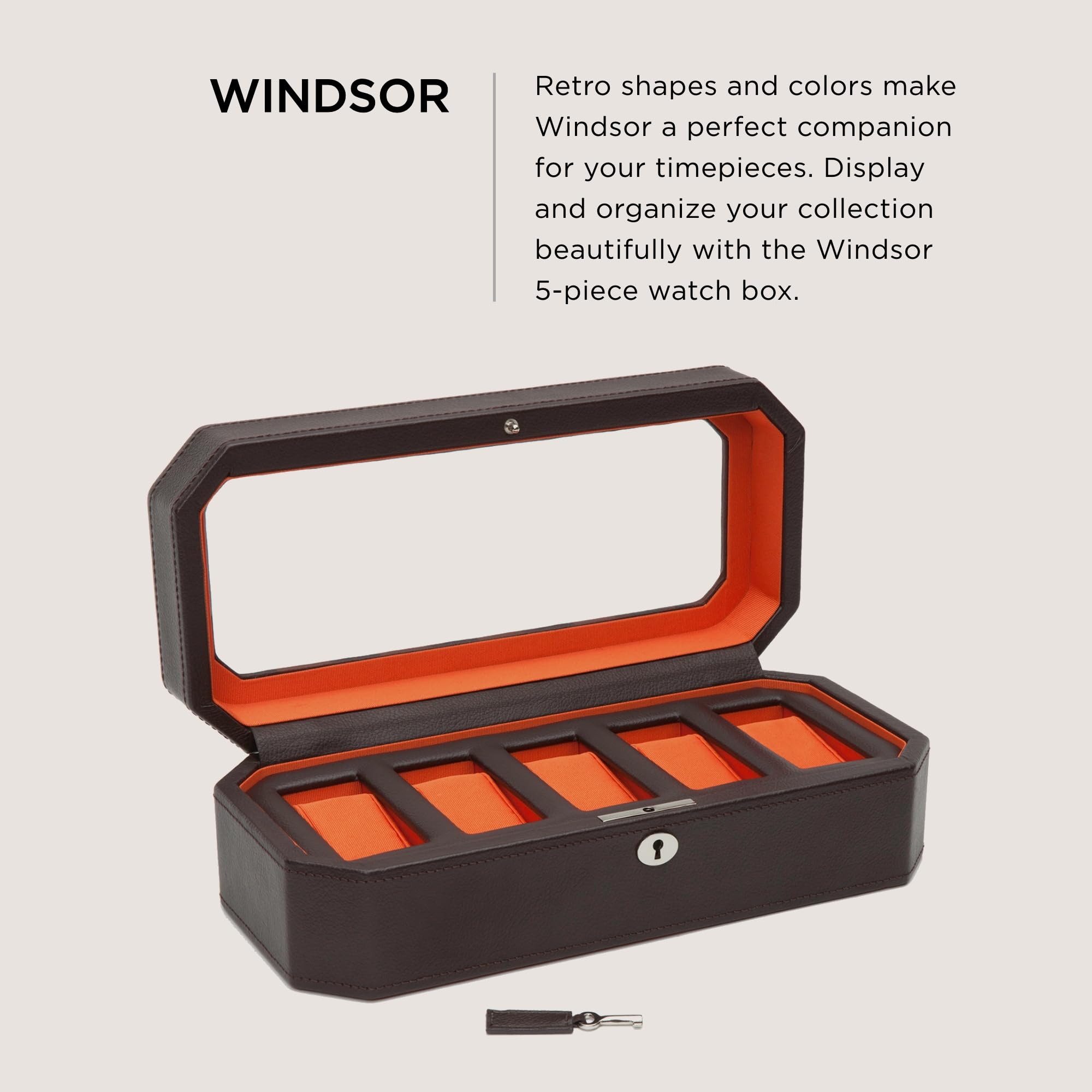 WOLF Windsor 5-Piece Watch Box, Brown/Orange - Features Five Watch Compartments & Vegan Leather Exterior