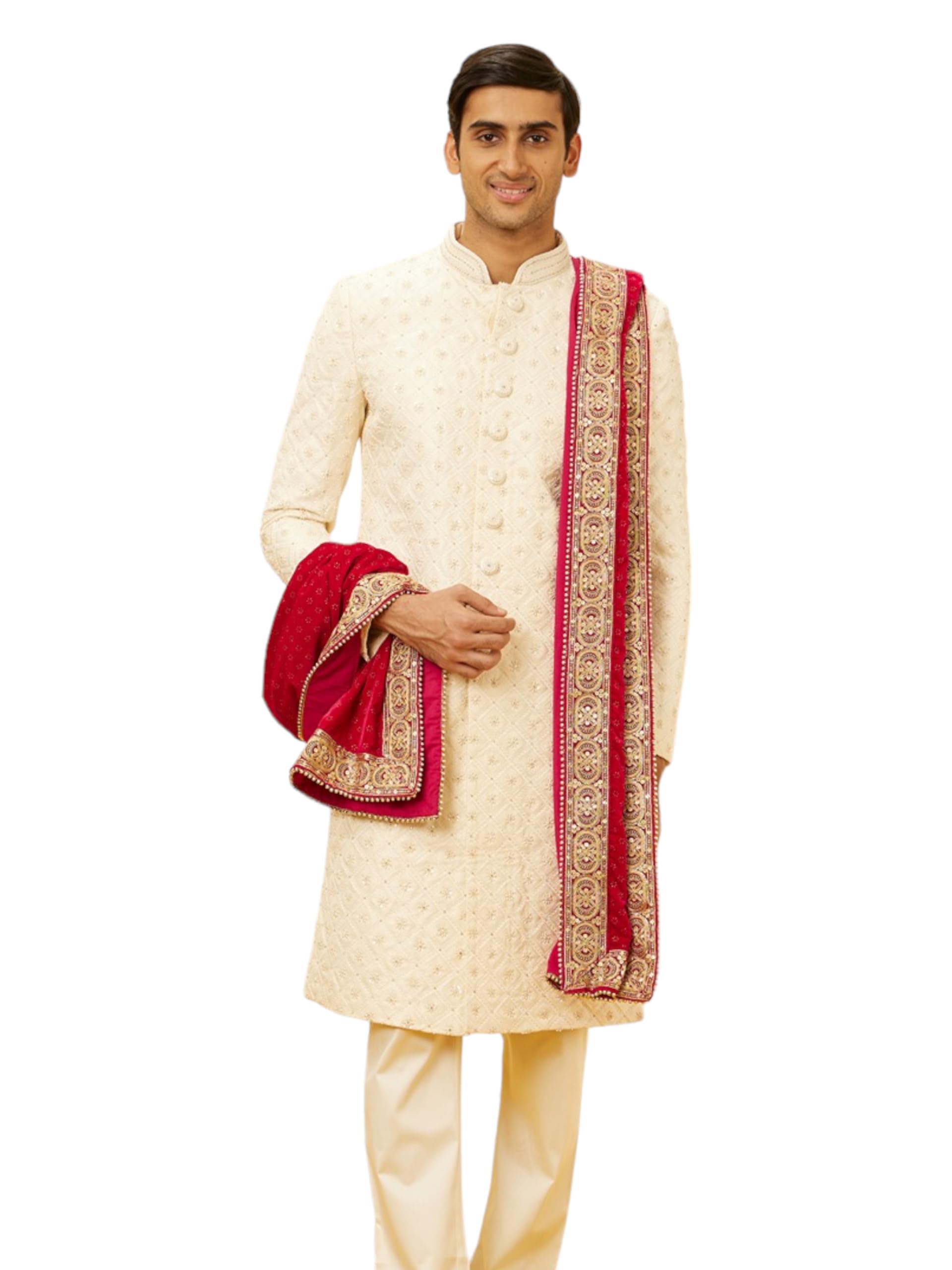 Manyavar Cherry Red Floral Motif Dupatta