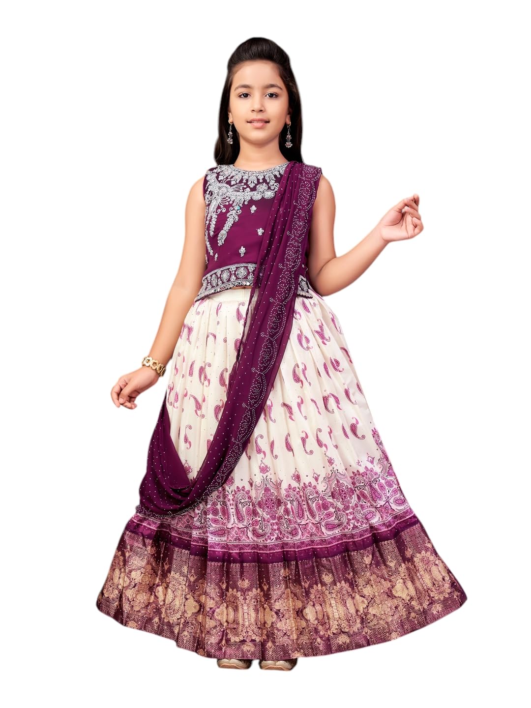 Aarika Girls Ethnic Wear Purple-Cream Colour Mirror Embroidery Georgette Lehenga Choli Set With Attached Dupatta-(10-15 Years)-(