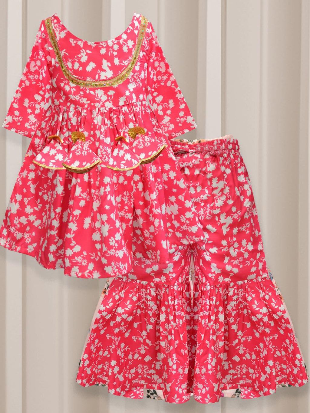 A.T.U.N. (All Things Uber Nice) A.T.U.N. Girls Ethnic Wear Sharara | Floral Fuchsia Printed Kurta With Sharara Set For Girls