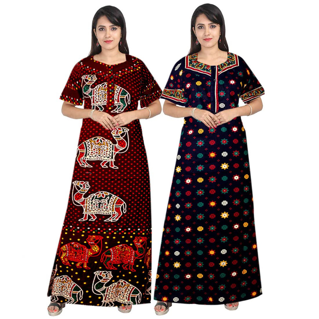 Trendy Fab Attractive WomenS 100% Cotton Printed Nightwear Maternity Maxi Gown Nightdresses (Pack Of 2)