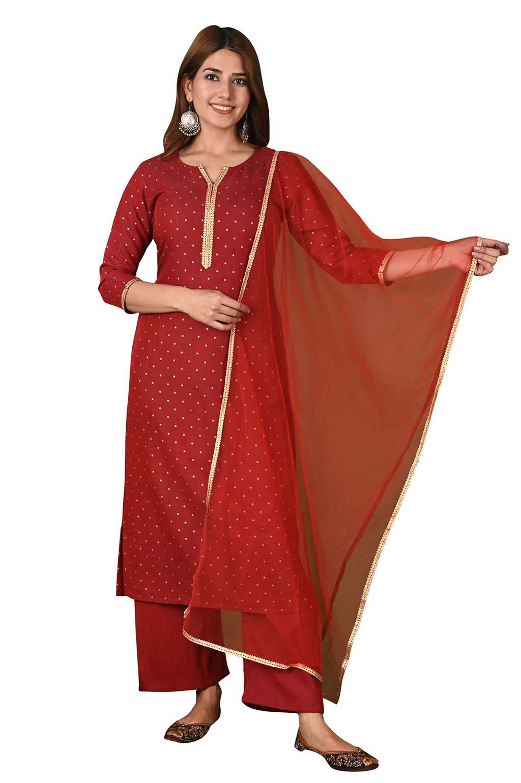 ANNI DESIGNER Women's Cotton Blend Straight Printed Kurta with Palazzo and Dupatta (PRITU-RED_XL Red_X-Large)