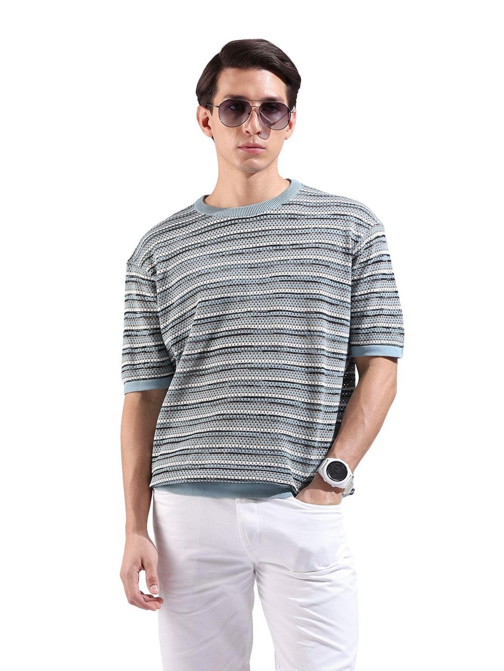 The Indian Garage Co Mens Oversized Textured Flatknit Half Sleeves Crew Neck Sweater