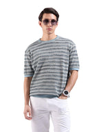 The Indian Garage Co Mens Oversized Textured Flatknit Half Sleeves Crew Neck Sweater