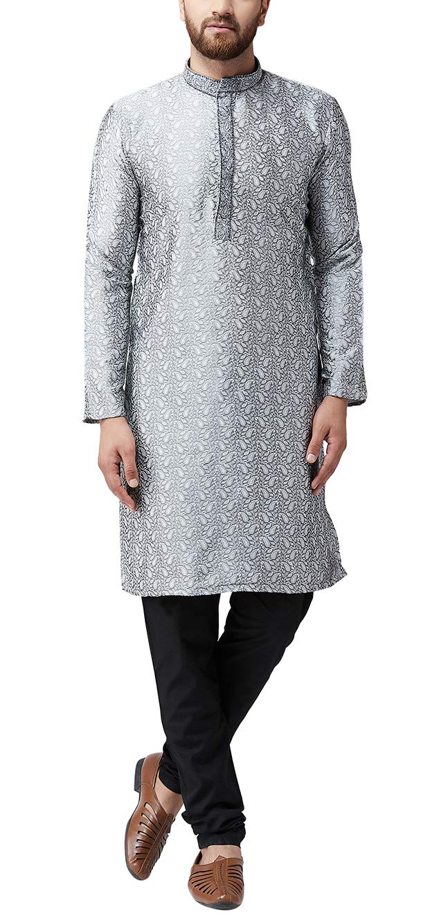 SOJANYA (Since 1958 Mens Grey Silk Self Printed Kurta & Churidar Pyjama Set Size XL