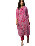 Ishin WomenS Cotton Pink Printed Straight Kurta Trouser Set
