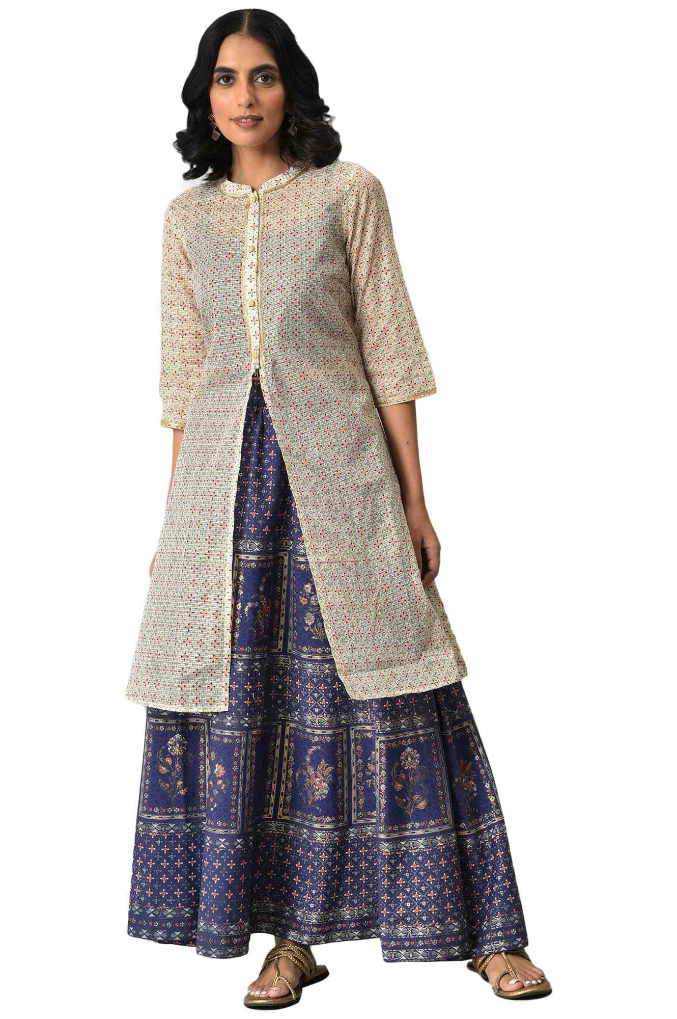 Aurelia Women Natural Kota Floral Print Gilet With Navy Printed Top And Skirt_22Auas13626-505194_S