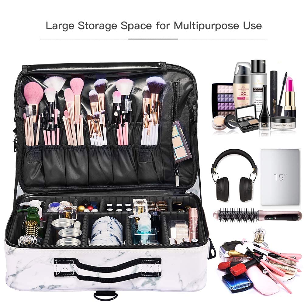 OEWOER Large Makeup Case PU Leather Makeup Bag 3 Layers 16 Inches Professional Makeup Train Case Cosmetic Bag Travel Make Up Bru