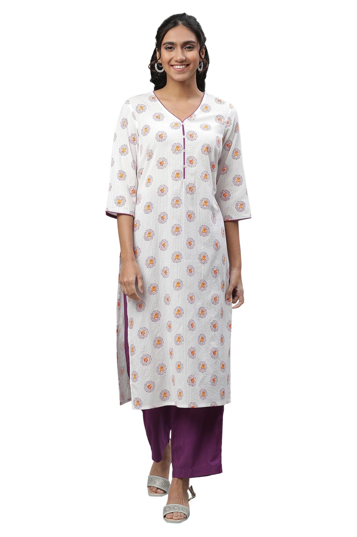 Aurelia Womens White Floral Printed Pure Cotton Straight Kurta_23AUA14623-507410_XS