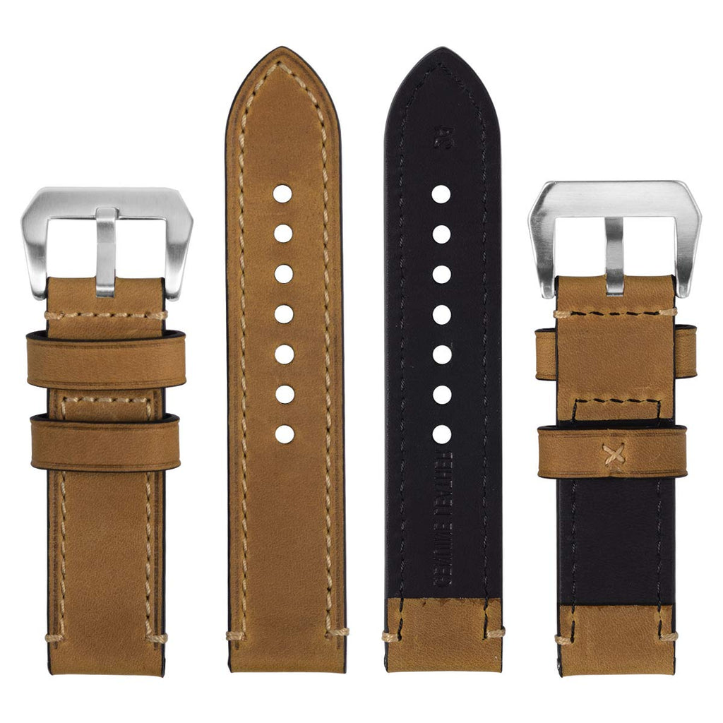 EACHE Mens Watch Band, 24mm Crazy Horse Genuine Leather Vintage Watch Bracelet Strap, Tan-Silver Hardware