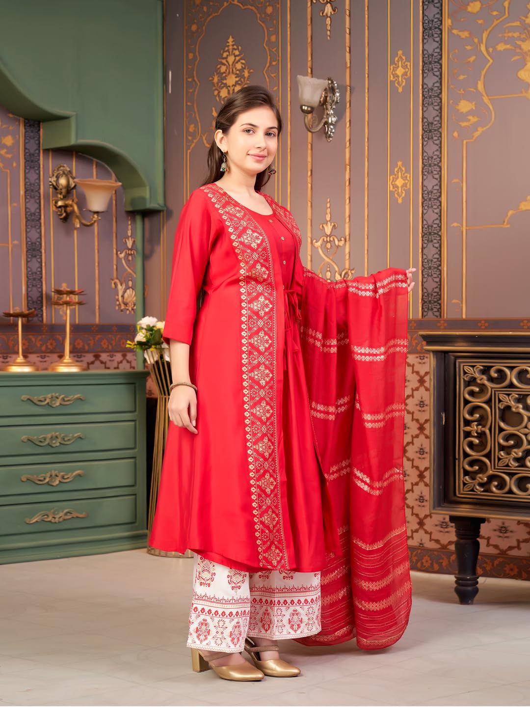 Aarika Girls Ethnic Wear Red Colour Foil Print Silk Kurti-8-15 Years (Kurti-Sd-2933)