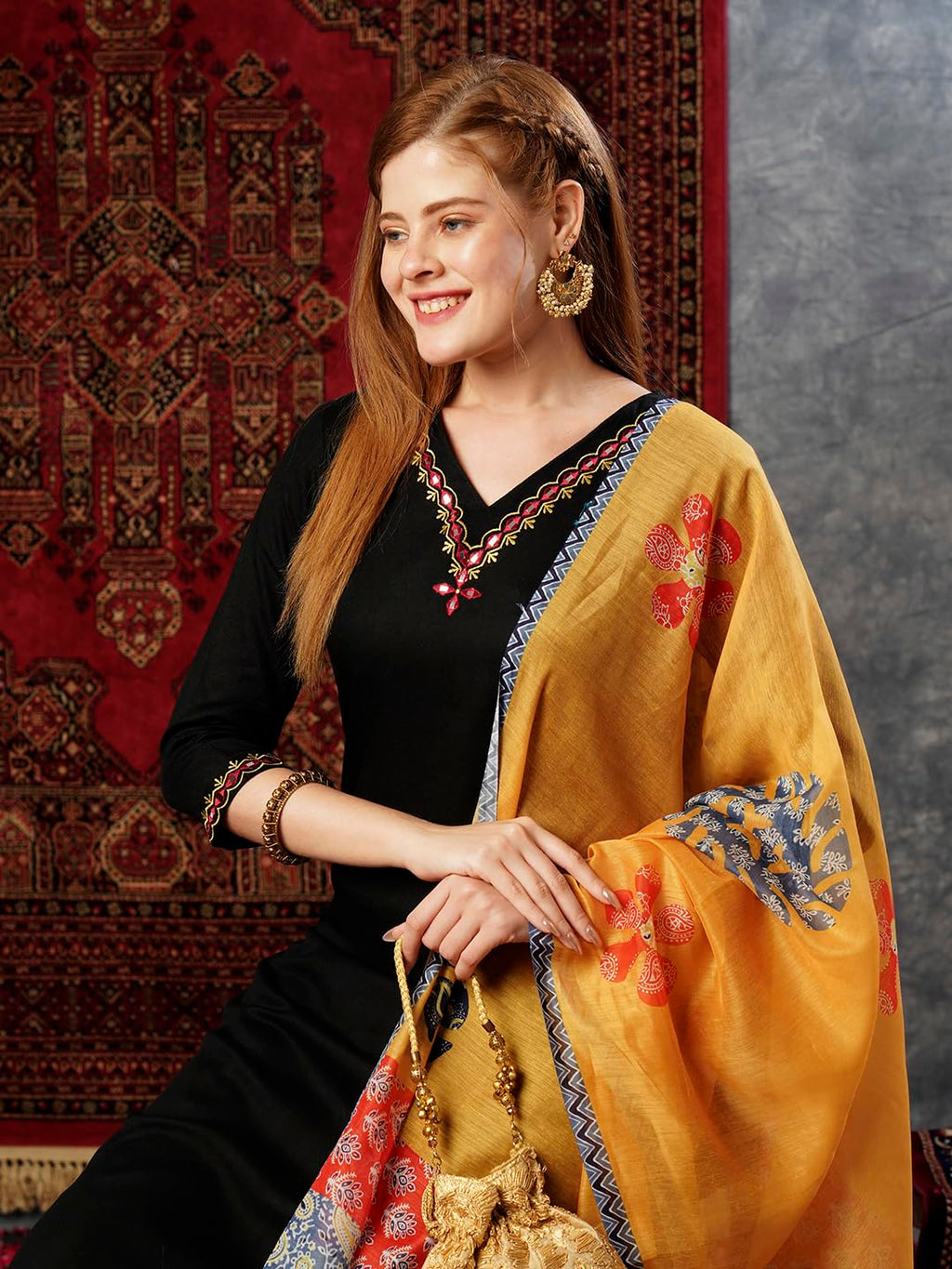 ANNI DESIGNER Womens Cotton Blend Embroidered Straight Kurta with Pant & Dupatta (Fronx Black-JL_XXL_Black_XX-Large)