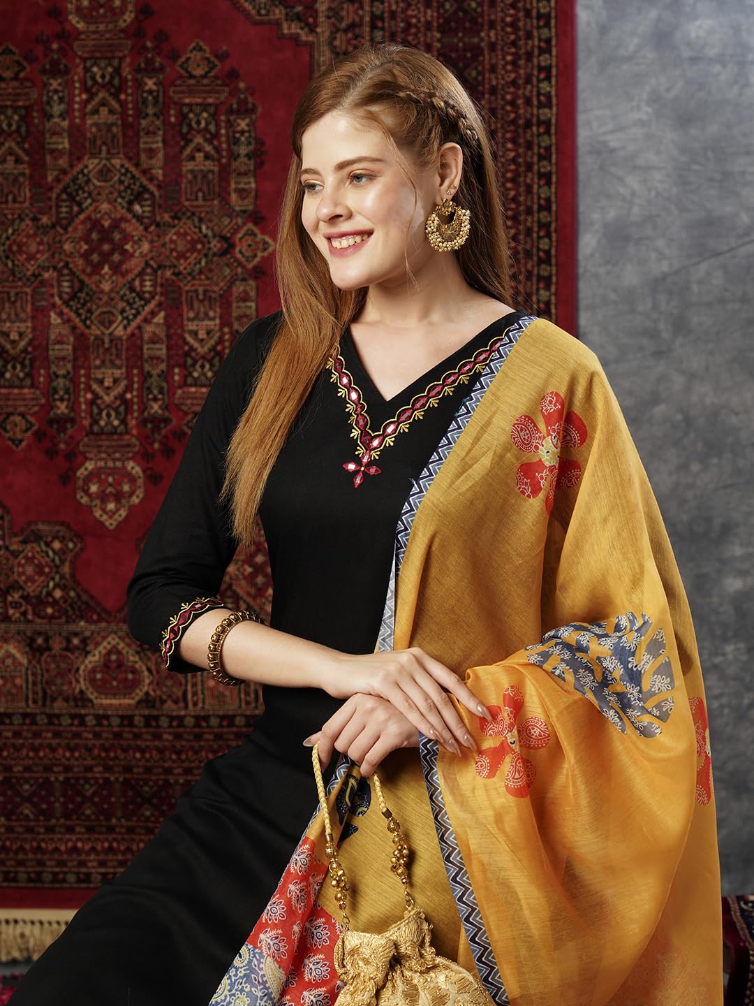 ANNI DESIGNER Womens Cotton Blend Embroidered Straight Kurta with Pant & Dupatta (Fronx Black-JL_XXL_Black_XX-Large)