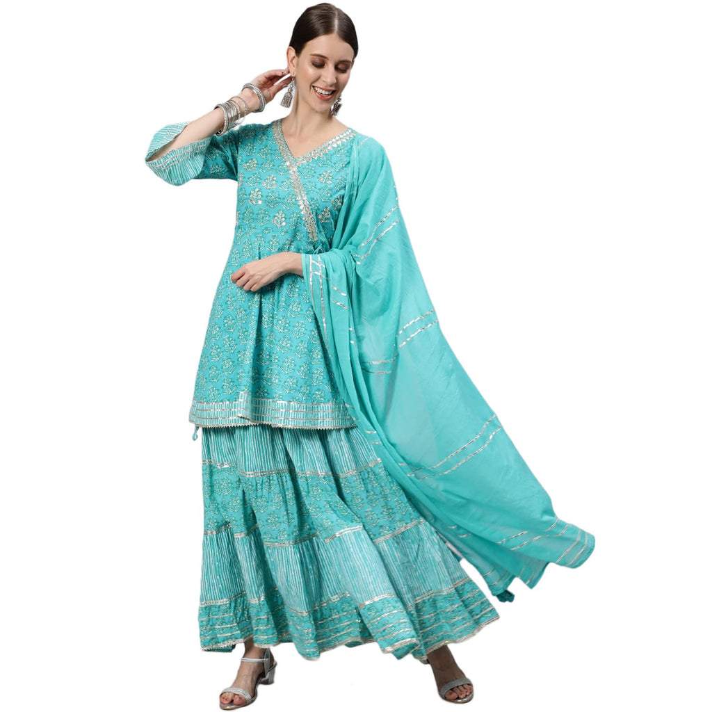 Ishin Women'S Sea Green Zari Embroidered Angrakha Kurta Set With Sharara And Dupatta