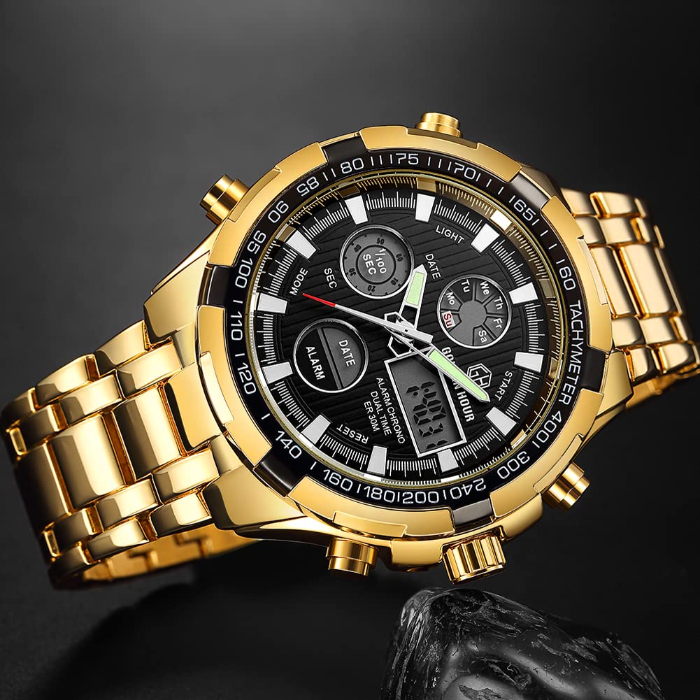 GOLDEN HOUR Luxury Stainless Steel Analog Digital Watches for Men Male Outdoor Sport Waterproof Large Big Size Heavy Wristwatch
