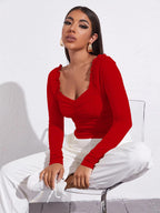 AVANOVA Womens & Girls Red Full Sleeve, Sweat Hear Neck, Frill Trim Ruched Crop Top for Women, Tops, T-Shirts for Girls (TOP 7