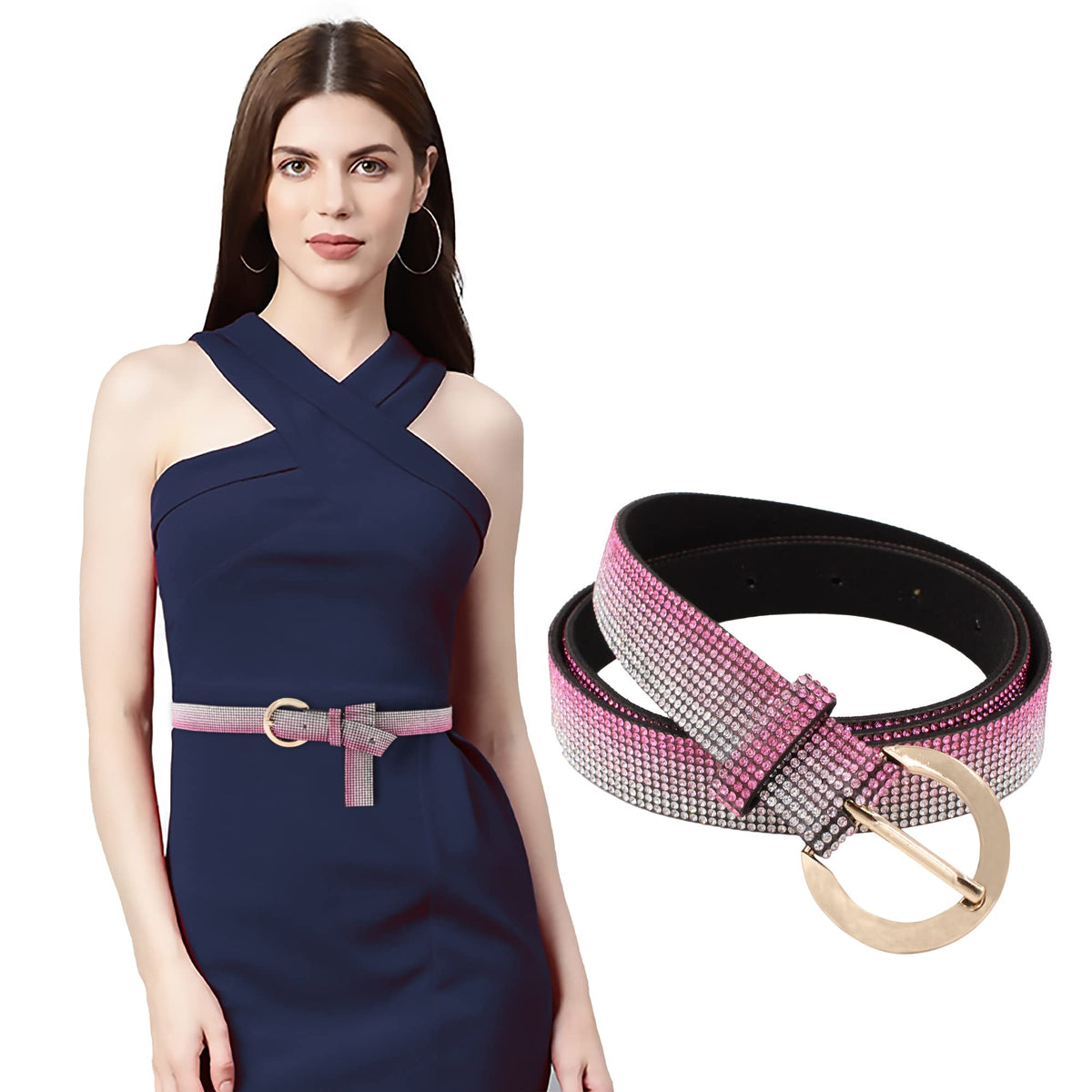 Vritraz Western Bling Studded Rhinestone Belt For Women (Pink) 44