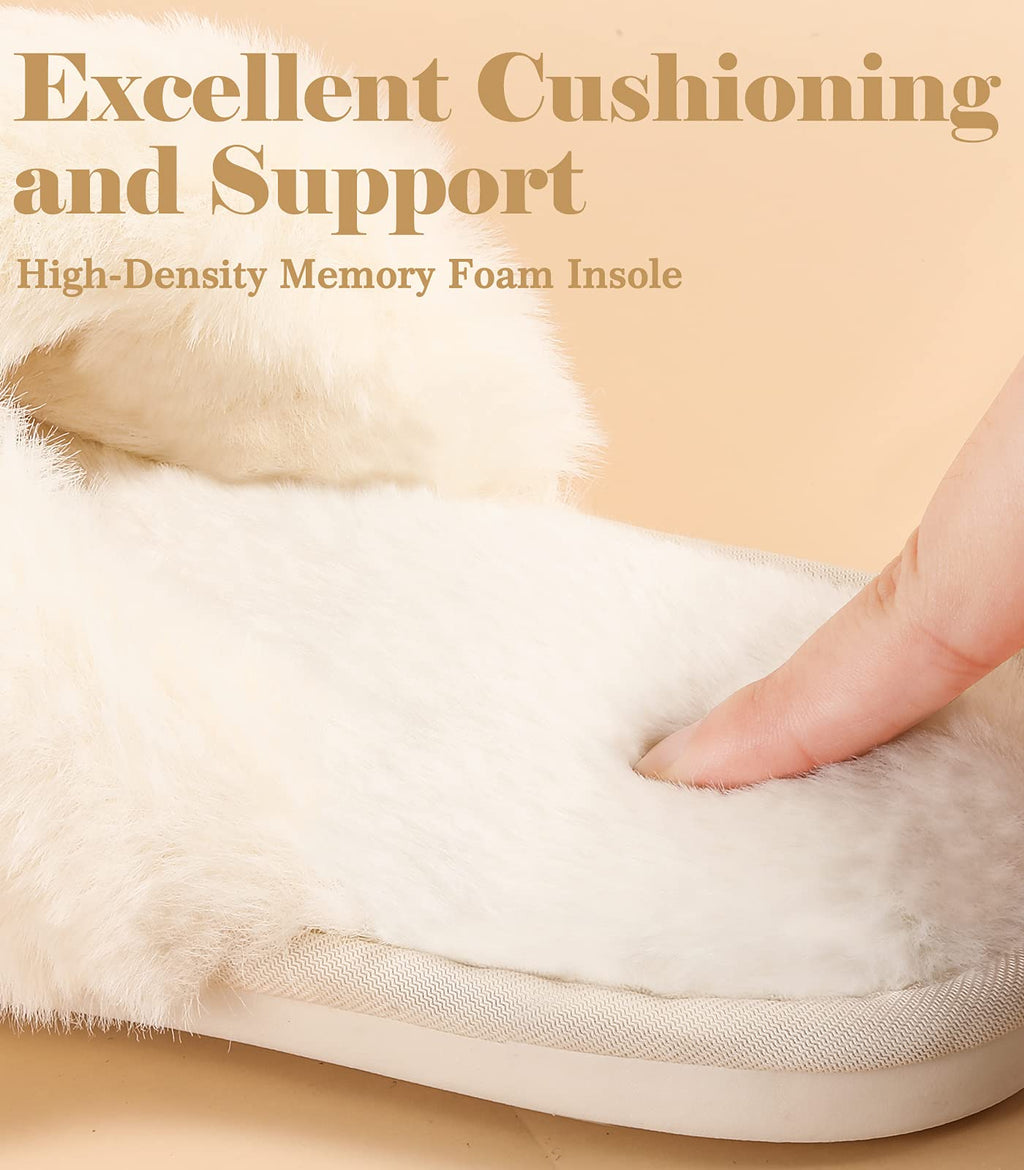 Ankis Women White Fuzzy Fluffy Slippers Soft cozy Plush Memory Foam Slipper Open Toe Bedroom comfy cross Band for Womens