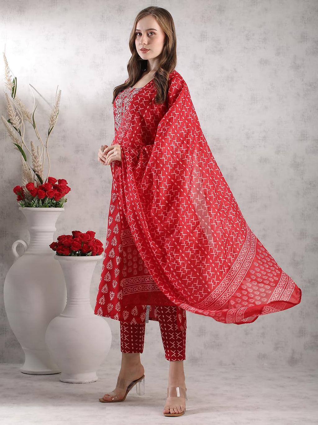 ANNI DESIGNER Women s Kurta with Trousers and Dupatta, Red, Medium