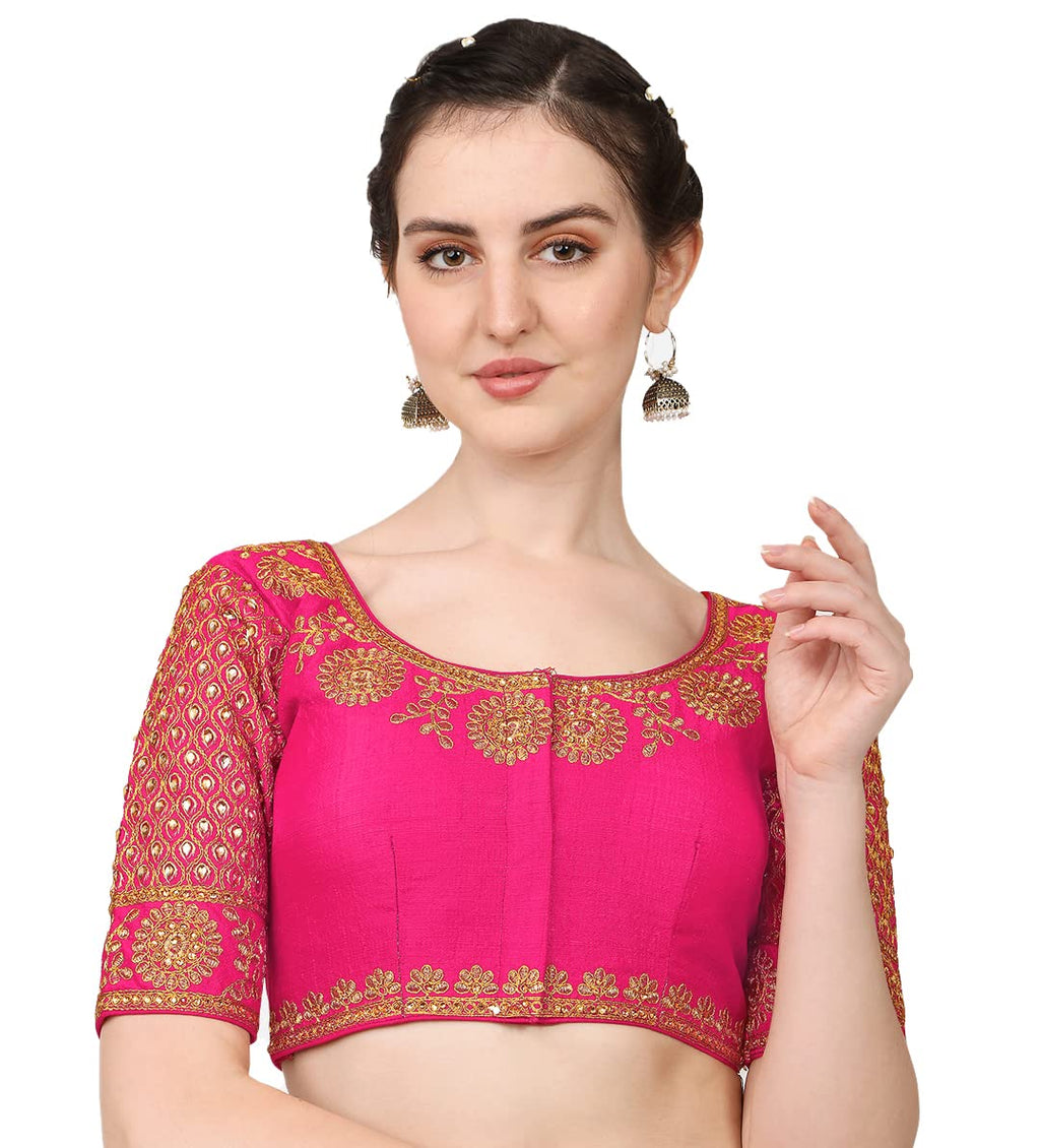 Pujia Mills Embroidery & Thread Work Phantom Silk Readymade Blouse Pink
