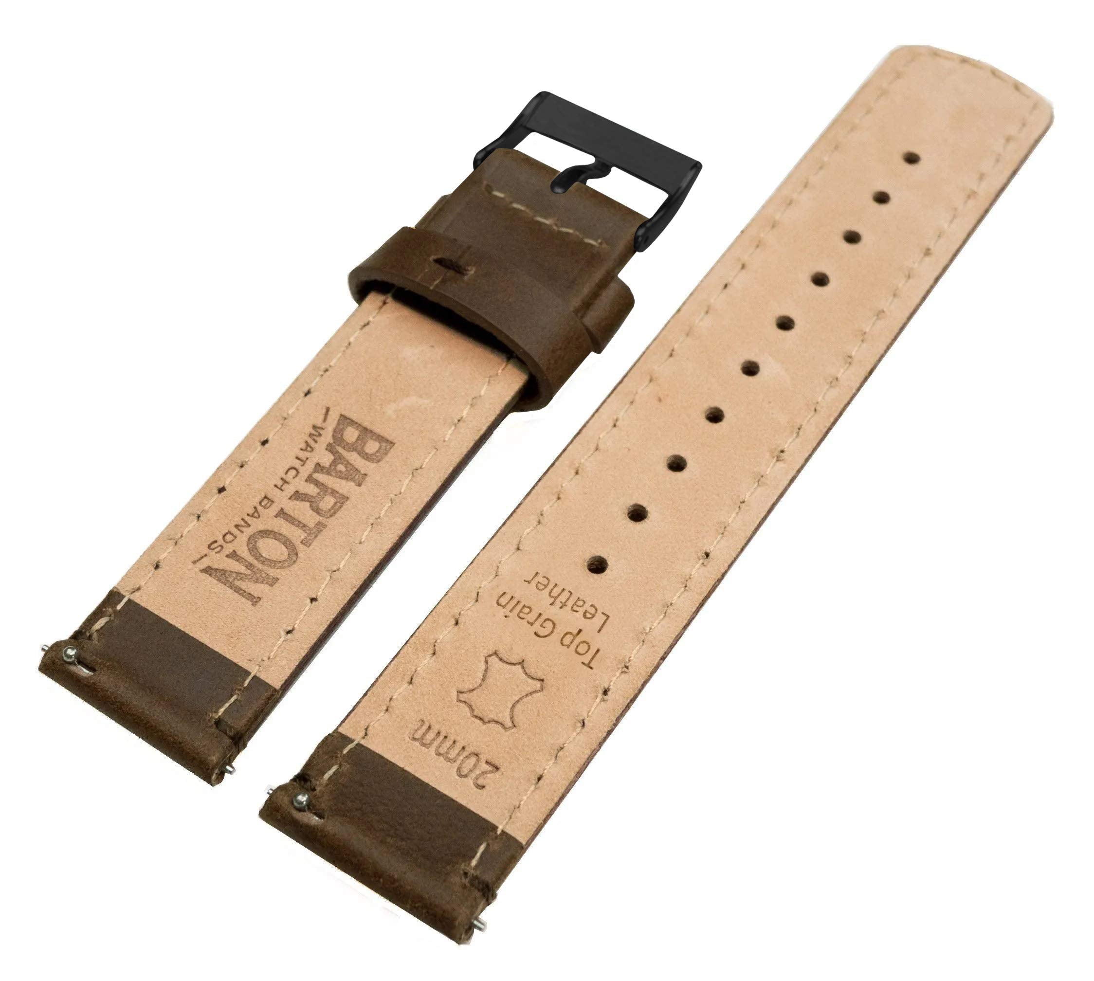 BARTON WATCH BANDS Quick Release Top Grain Leather Watch Band Strap, Saddle Leather/Saddle Stitching (Black Buckle), 22mm