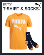 PUMA Boys' T-Shirt - 2 Piece Short Sleeve Graphic Tee and Athletic Crew Socks - Matching Shirt and Socks for Boys (S-XL), Size X